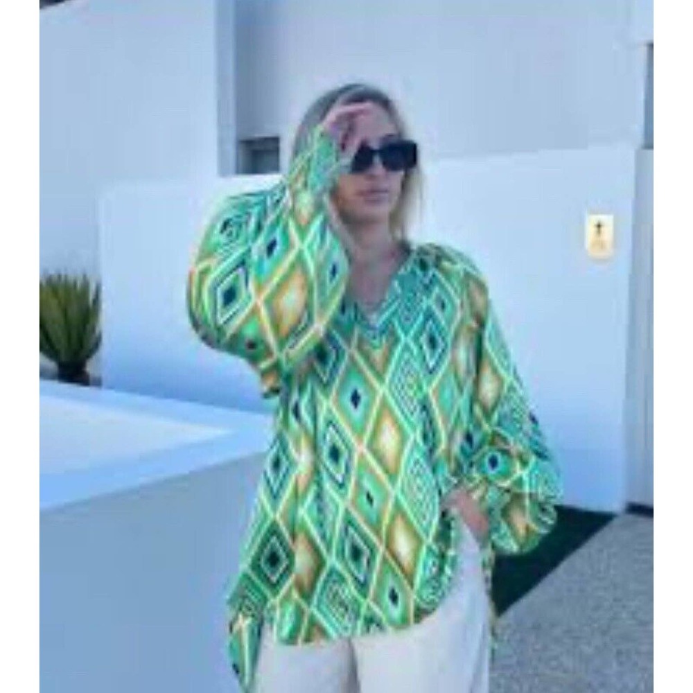 She + Sky Blouse Size L, Long Sleeve, Tunic Green/Yellow